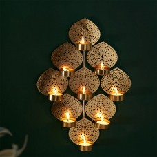 9 Leaf Golden Metal Tea Light Holder Wall Hanging 18 Inches - Home Decor Gifts