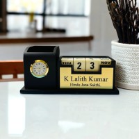 Customised Pen Stand With Clock Date Weekday Month 4x8 Inch - Corporate Gifts