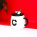 Cute 3D Black Eye Panda Ceramic Coffee Mug with Funny Lid and Steel Spoon