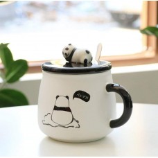 Cute 3D Black Eye Panda Ceramic Coffee Mug with Funny Lid and Steel Spoon