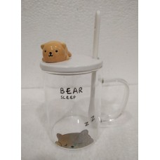 Cute Cartoon Glass Milk Mug Transparent with Cover and Spoon Heat Resistant Milk Juice Cup