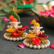 Ethnic Ganpati With Haldi Kumkum Platter Pearl Base Set of 10 - Returns Gifts