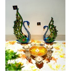 Ethnic Metallic Peacock Set of 2 With Urli - Home Decor