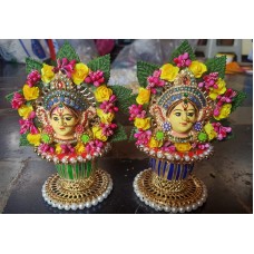 Goddess Varalakshmi Ammanvari Face Decorated with Flowers and Stand - Decoration Gifts