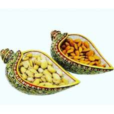 Hand Made Shankh Shaped Kundan Meenakari White Makrana Marble Dry Fruit Boxes Decorative Platter Set of 2 - Return Gifts