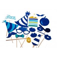 Happy Birthday Blue Photo Booth Props 18 with Wooden Sticks - Pack of 18