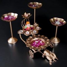 Lotus Urli On Elephant Cart with Urli Stand Set of 4 - Home Decor Gifts