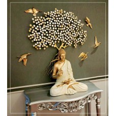Meditating Buddha Under Metal Tree With Metal Birds Set Home Decor 