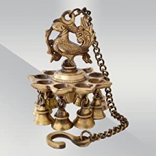 Peacock Design Brass Hanging Diya with Bells