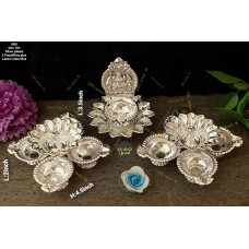 Silver Plated 2 Panch Diya Plus Lakshmi Lotus Diya Combo